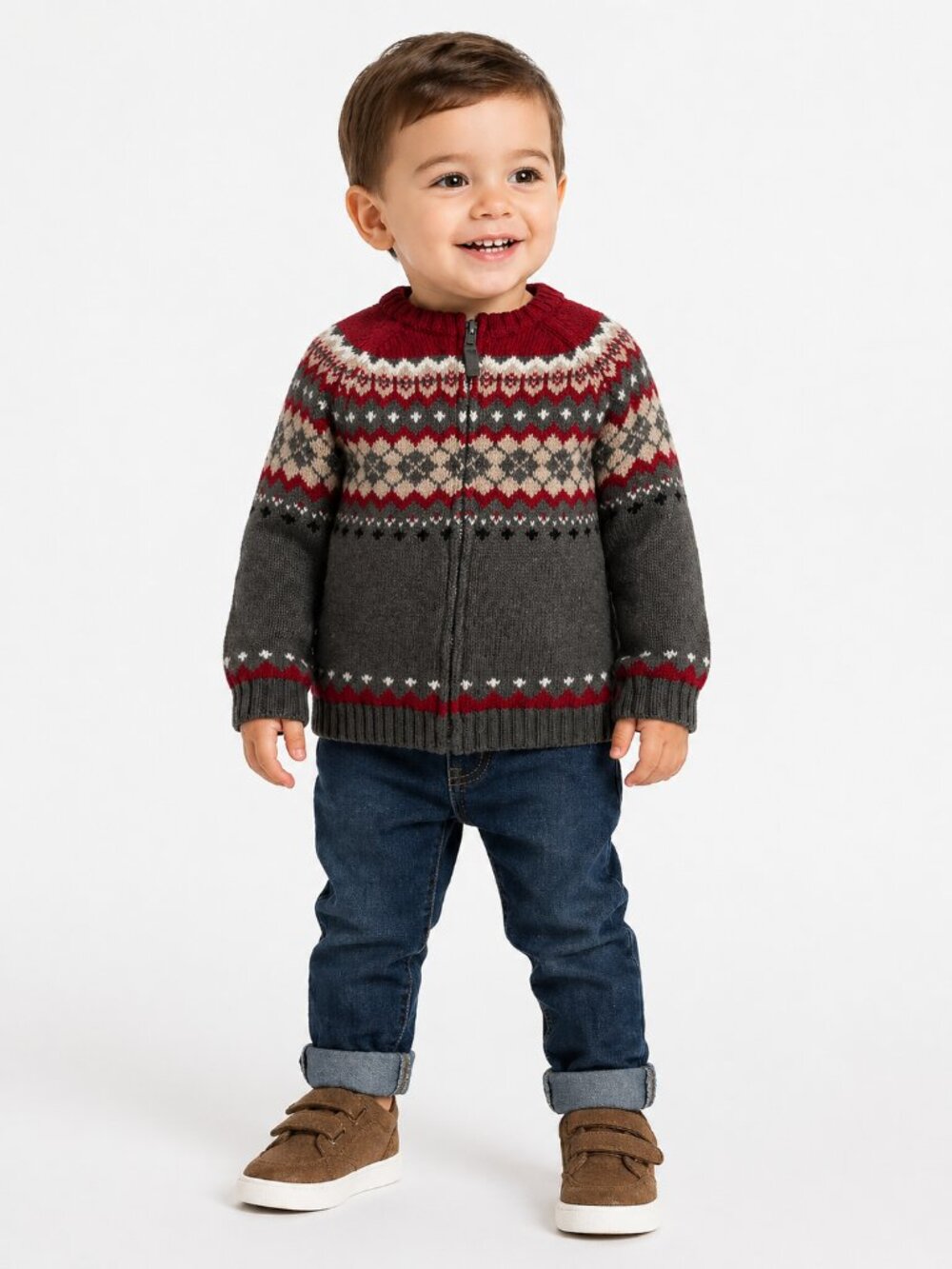 JANIE & JACK Fair Isle Nordic Zip Up Sweater Gray Red 2T